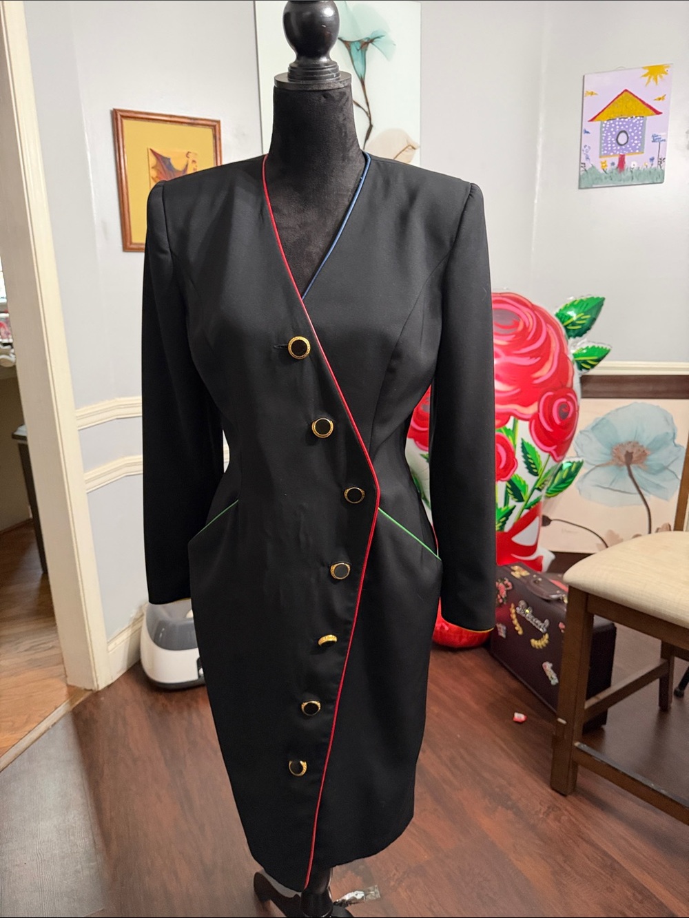 Source Unknown Black Midi Dress with Red, Blue & Green Piping see call out pic